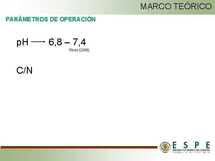 MARCO TEÓRICO PARÁMETROS DE OPERACIÓN p. H 6, 8 – 7, 4 Rivas (2009)