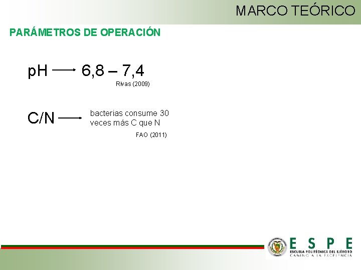 MARCO TEÓRICO PARÁMETROS DE OPERACIÓN p. H 6, 8 – 7, 4 Rivas (2009)