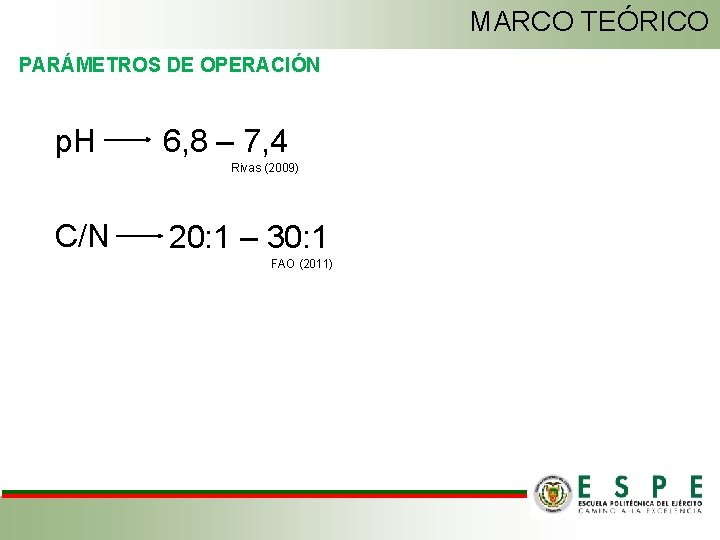 MARCO TEÓRICO PARÁMETROS DE OPERACIÓN p. H 6, 8 – 7, 4 Rivas (2009)
