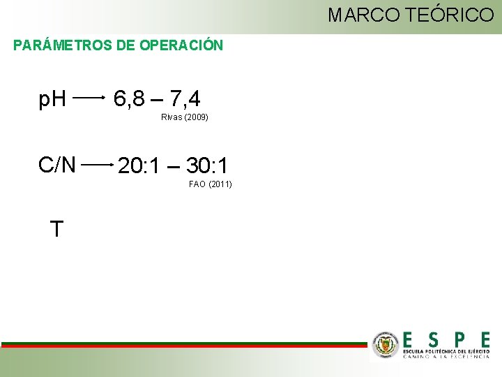MARCO TEÓRICO PARÁMETROS DE OPERACIÓN p. H 6, 8 – 7, 4 Rivas (2009)