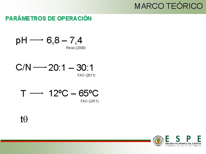 MARCO TEÓRICO PARÁMETROS DE OPERACIÓN p. H 6, 8 – 7, 4 Rivas (2009)