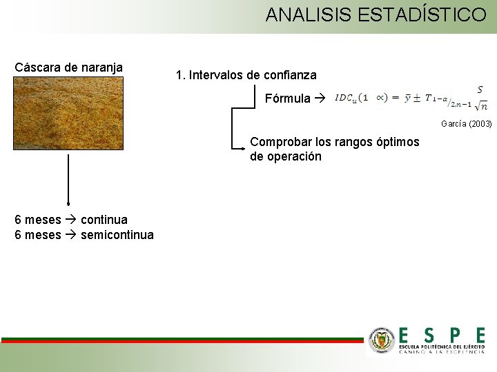 ANALISIS ESTADÍSTICO Cáscara de naranja 1. Intervalos de confianza Fórmula García (2003) Comprobar los