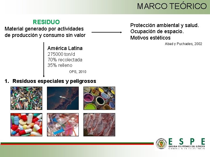MARCO TEÓRICO RESIDUO Material generado por actividades de producción y consumo sin valor América