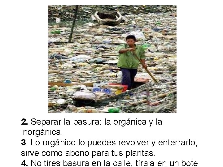 2. Separar la basura: la orgánica y la inorgánica. 3. Lo orgánico lo puedes