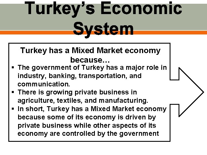 Turkey’s Economic System Turkey has a Mixed Market economy because… § The government of
