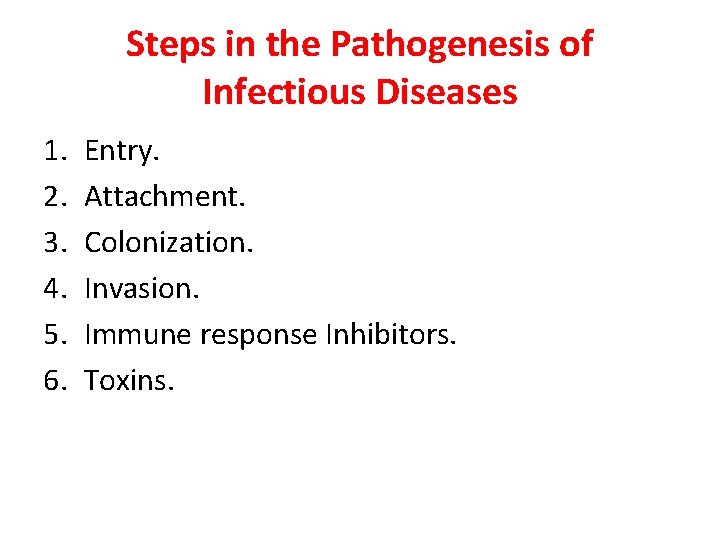 Steps in the Pathogenesis of Infectious Diseases 1. 2. 3. 4. 5. 6. Entry.