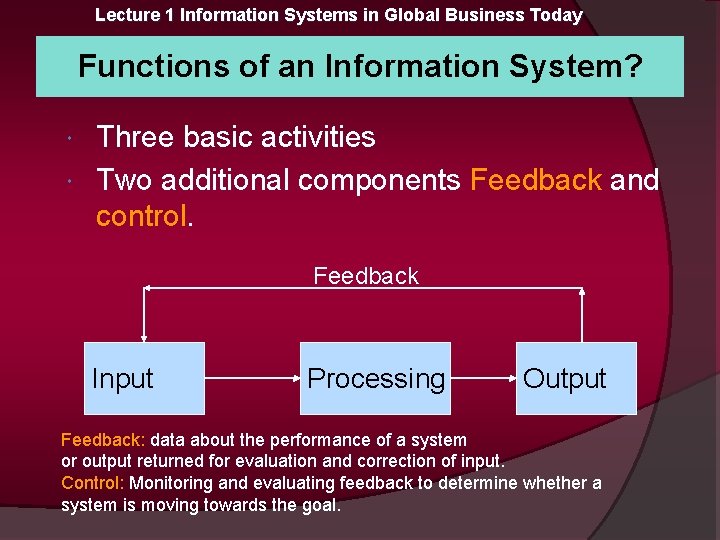 Lecture 1 Information Systems in Global Business Today Functions of an Information System? Three