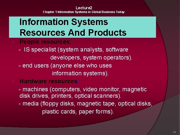Lecture 2 Chapter 1 Information Systems in Global Business Today Information Systems Resources And