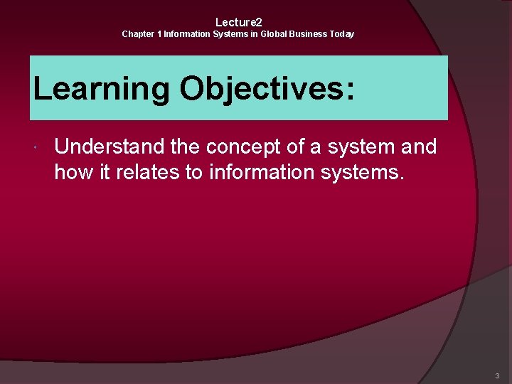 Lecture 2 Chapter 1 Information Systems in Global Business Today Learning Objectives: Understand the