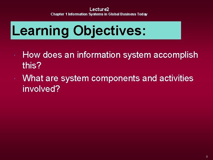 Lecture 2 Chapter 1 Information Systems in Global Business Today Learning Objectives: How does