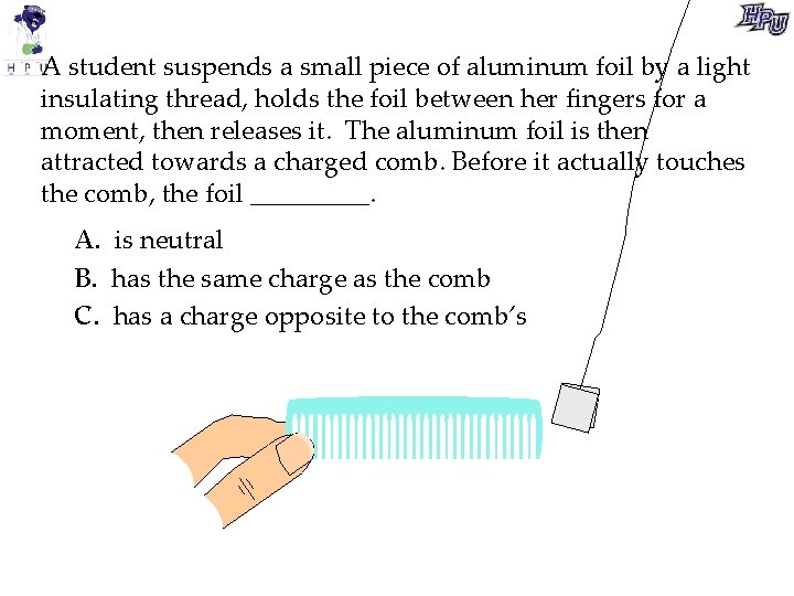 A student suspends a small piece of aluminum foil by a light insulating thread,