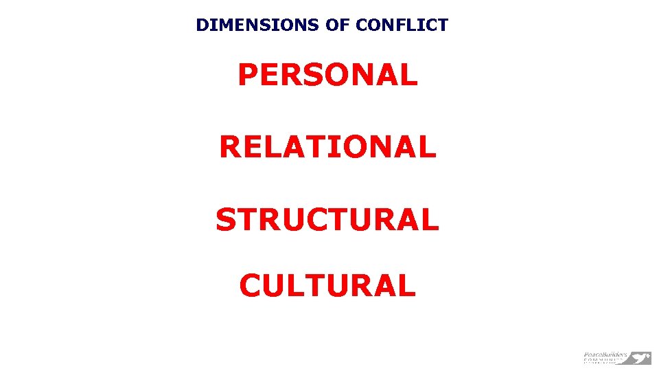 DIMENSIONS OF CONFLICT PERSONAL RELATIONAL STRUCTURAL CULTURAL 