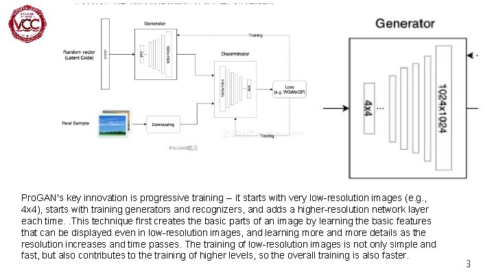 Pro. GAN's key innovation is progressive training -- it starts with very low-resolution images