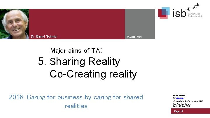 Dr. Bernd Schmid www. isb-w. eu Major aims of TA: 5. Sharing Reality Co-Creating