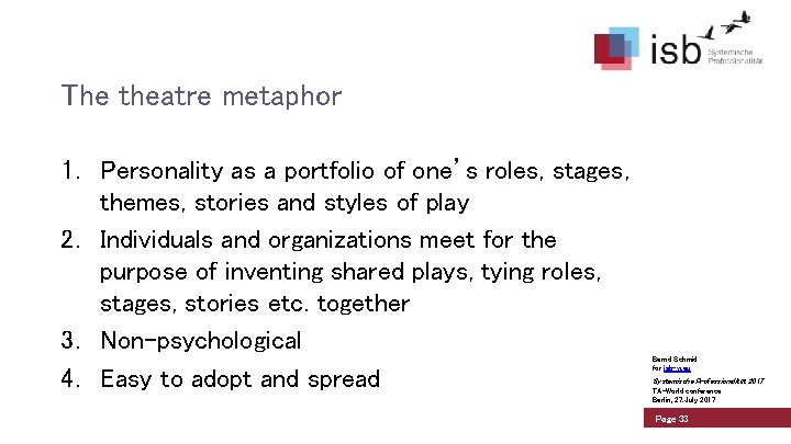 The theatre metaphor 1. Personality as a portfolio of one’s roles, stages, themes, stories