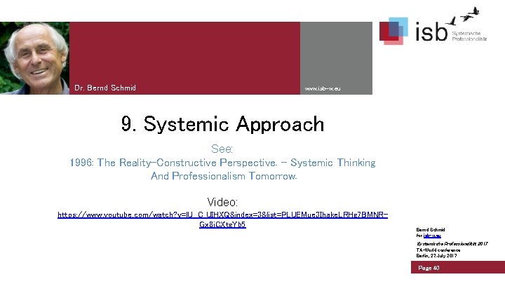 Dr. Bernd Schmid www. isb-w. eu 9. Systemic Approach See: 1996: The Reality-Constructive Perspective.