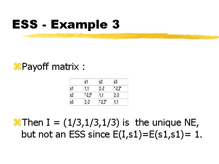 ESS - Example 3 z. Payoff matrix : z. Then I = (1/3, 1/3)