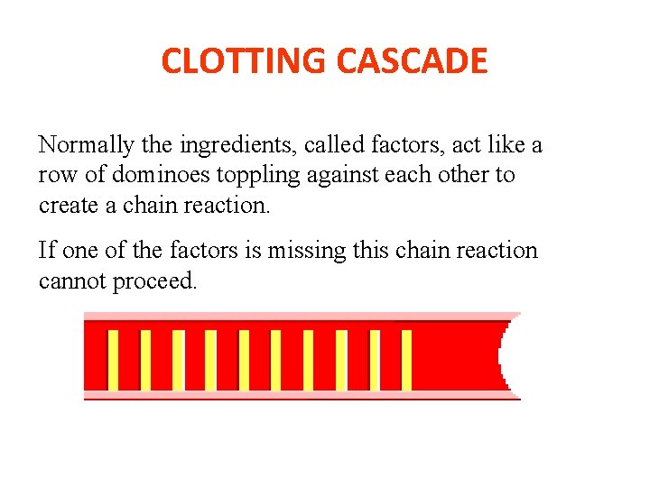CLOTTING CASCADE Normally the ingredients, called factors, act like a row of dominoes toppling
