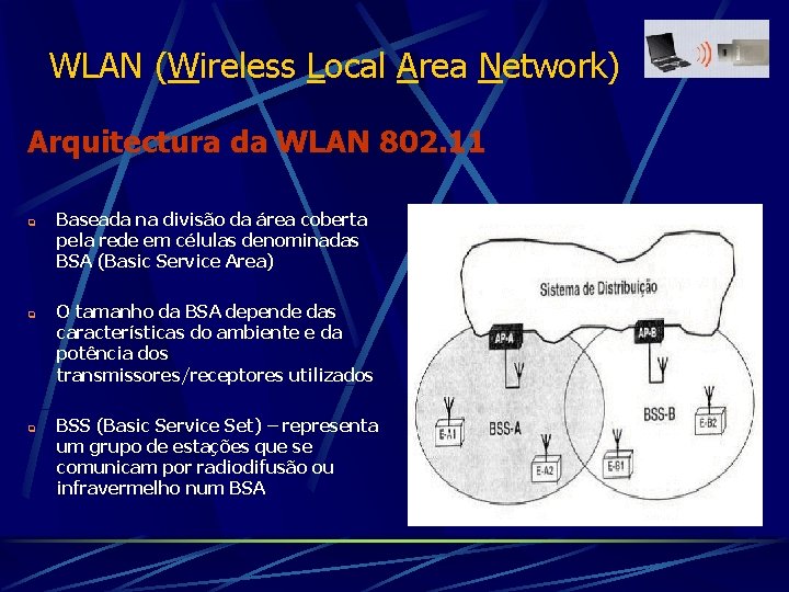 WLAN (Wireless Local Area Network) Arquitectura da WLAN 802. 11 q q q Baseada