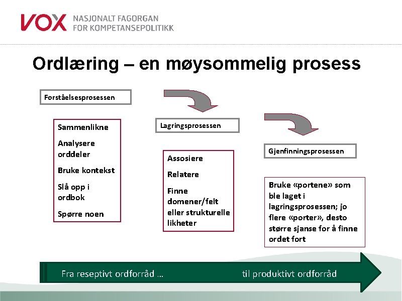 Ordlæring – en møysommelig prosess Forståelsesprosessen Sammenlikne Lagringsprosessen Analysere orddeler Assosiere Bruke kontekst Relatere