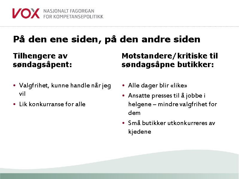 På den ene siden, på den andre siden Tilhengere av søndagsåpent: Motstandere/kritiske til søndagsåpne