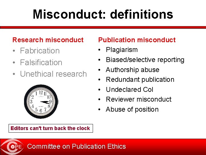 Misconduct: definitions Research misconduct • Fabrication • Falsification • Unethical research Publication misconduct •