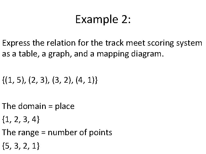 Example 2: Express the relation for the track meet scoring system as a table,