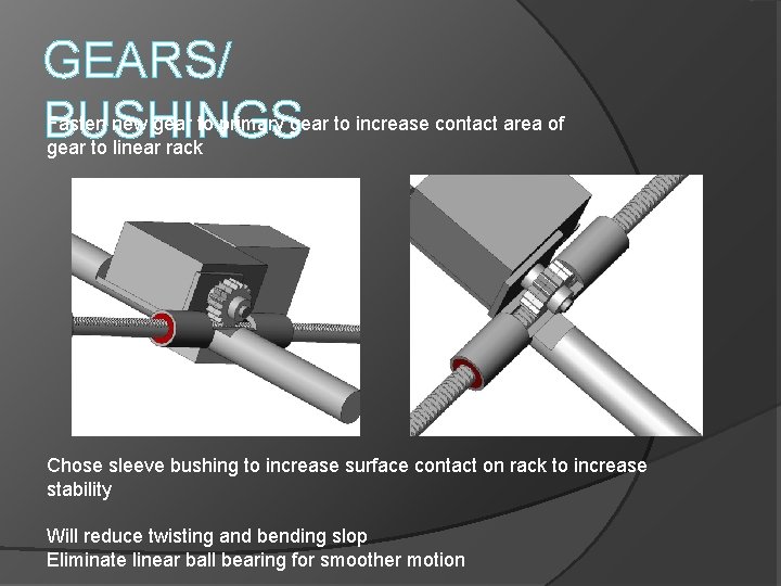 GEARS/ BUSHINGS Fasten new gear to primary gear to increase contact area of gear