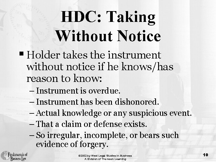 HDC: Taking Without Notice § Holder takes the instrument without notice if he knows/has