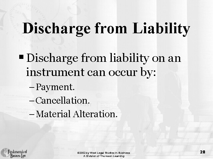 Discharge from Liability § Discharge from liability on an instrument can occur by: –