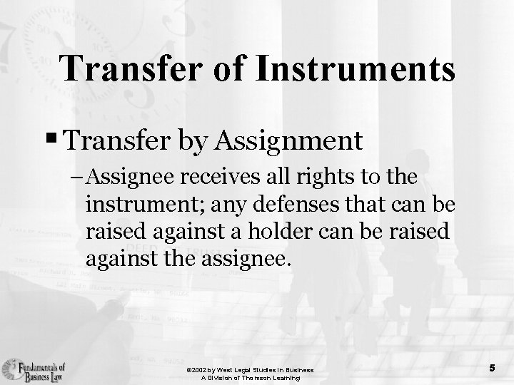 Transfer of Instruments § Transfer by Assignment – Assignee receives all rights to the