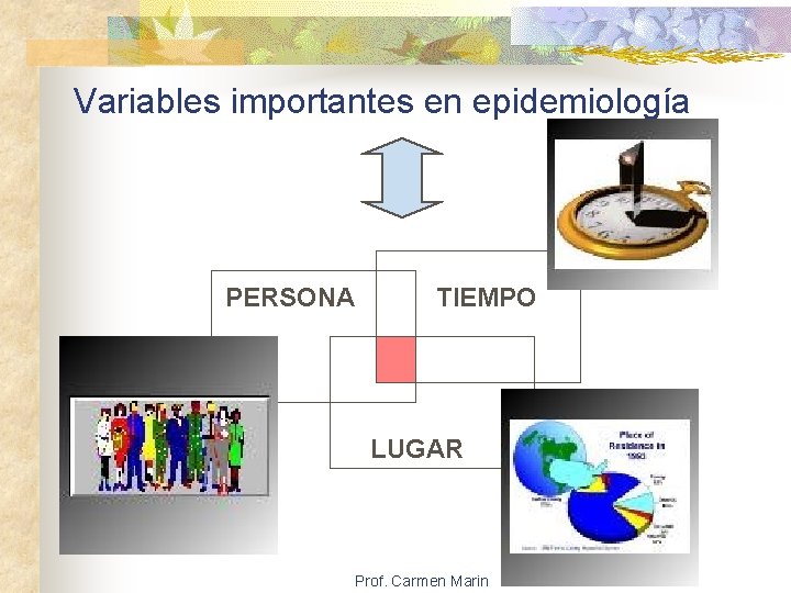 Variables importantes en epidemiología PERSONA TIEMPO LUGAR Prof. Carmen Marin 