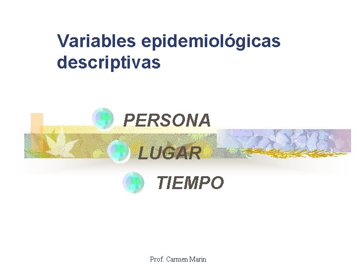 Variables epidemiológicas descriptivas PERSONA LUGAR TIEMPO Prof. Carmen Marin 