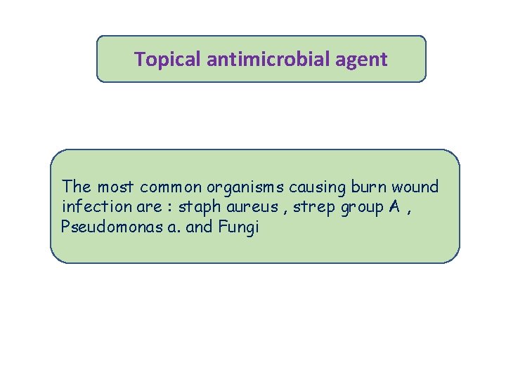 Topical antimicrobial agent The most common organisms causing burn wound infection are : staph