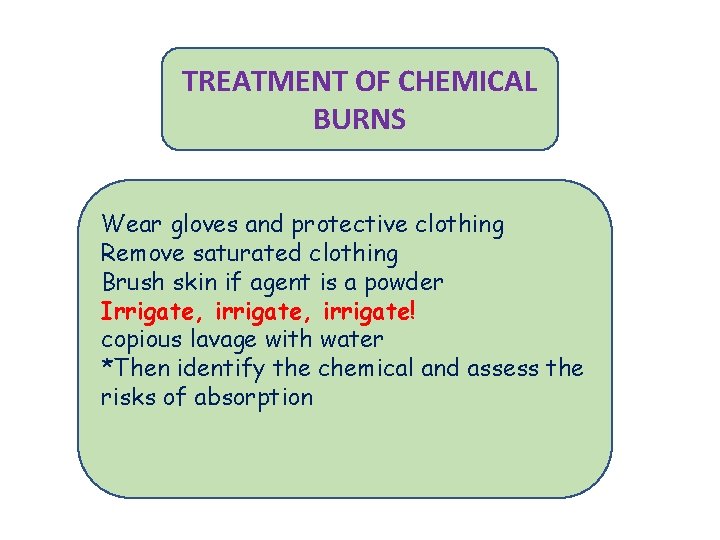 TREATMENT OF CHEMICAL BURNS Wear gloves and protective clothing Remove saturated clothing Brush skin