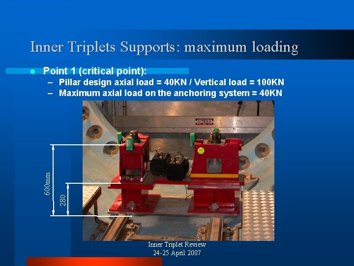 Inner Triplets Supports: maximum loading Point 1 (critical point): 280 – Pillar design axial
