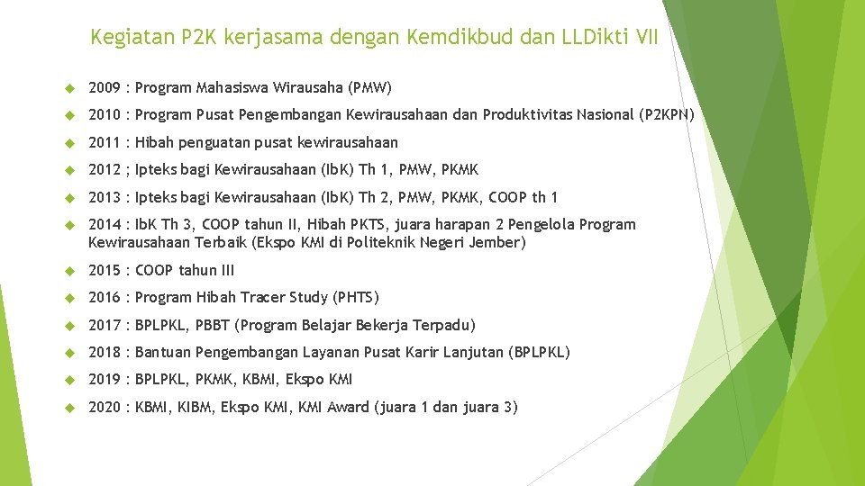 Kegiatan P 2 K kerjasama dengan Kemdikbud dan LLDikti VII 2009 : Program Mahasiswa