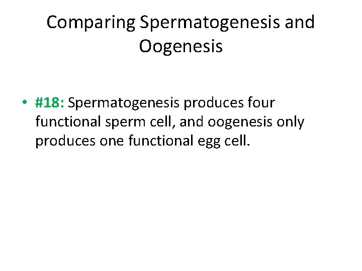 Comparing Spermatogenesis and Oogenesis • #18: Spermatogenesis produces four functional sperm cell, and oogenesis