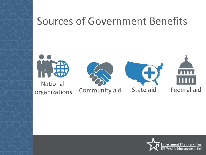 Sources of Government Benefits National organizations Community aid State aid Federal aid 