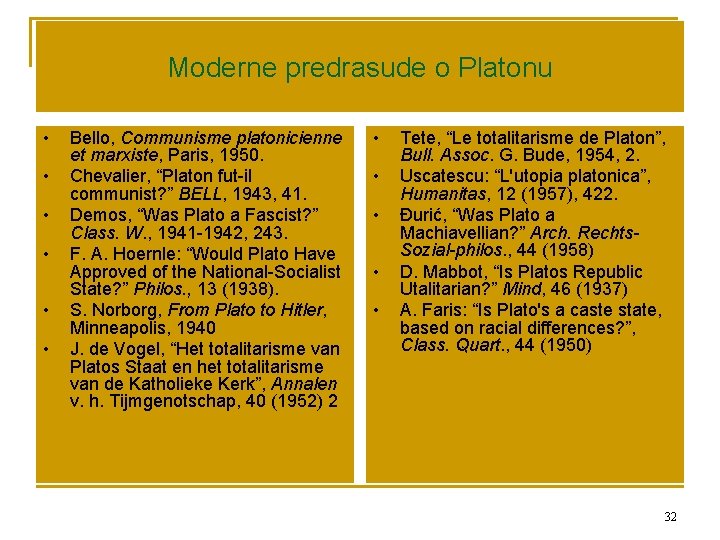 Moderne predrasude o Platonu • • • Bello, Communisme platonicienne et marxiste, Paris, 1950.