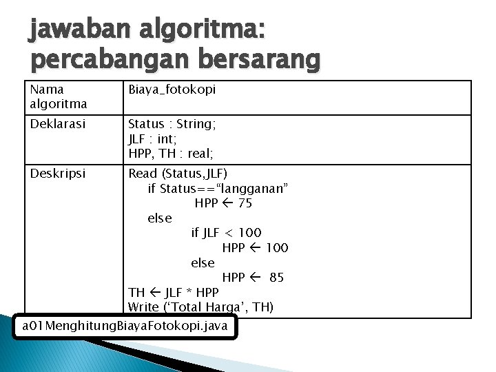 jawaban algoritma: percabangan bersarang Nama algoritma Biaya_fotokopi Deklarasi Status : String; JLF : int;