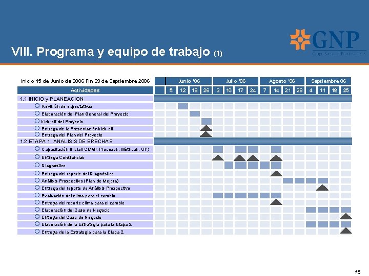 VIII. Programa y equipo de trabajo (1) Inicio 15 de Junio de 2006 Fin