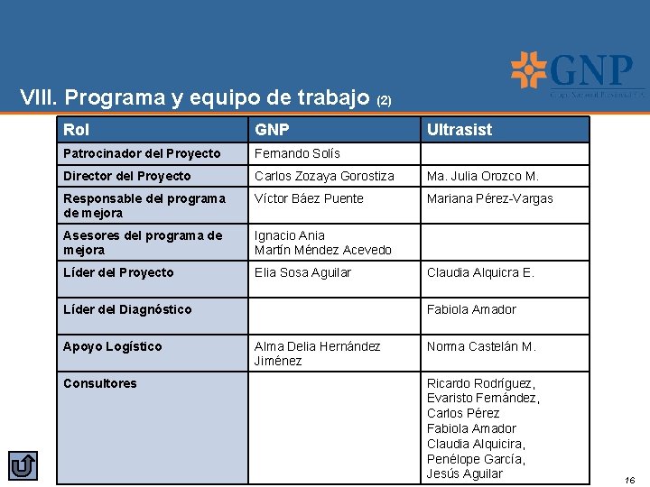 VIII. Programa y equipo de trabajo (2) Rol GNP Patrocinador del Proyecto Fernando Solís