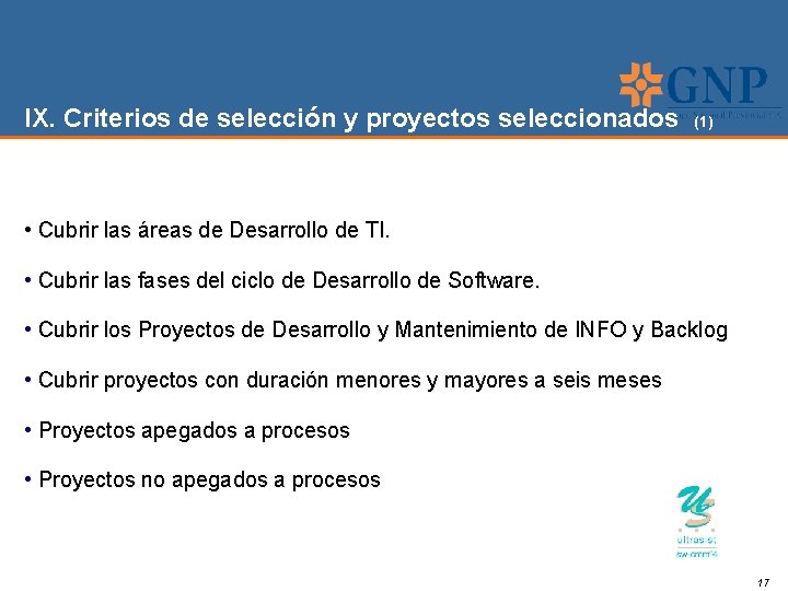 IX. Criterios de selección y proyectos seleccionados (1) • Cubrir las áreas de Desarrollo