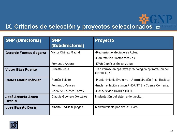 IX. Criterios de selección y proyectos seleccionados GNP (Directores) GNP (Subdirectores) Proyecto Gerardo Fuertes