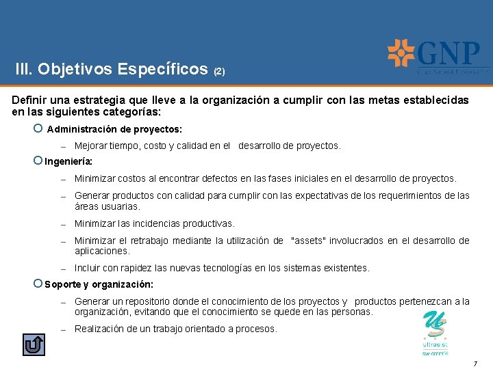 III. Objetivos Específicos (2) Definir una estrategia que lleve a la organización a cumplir