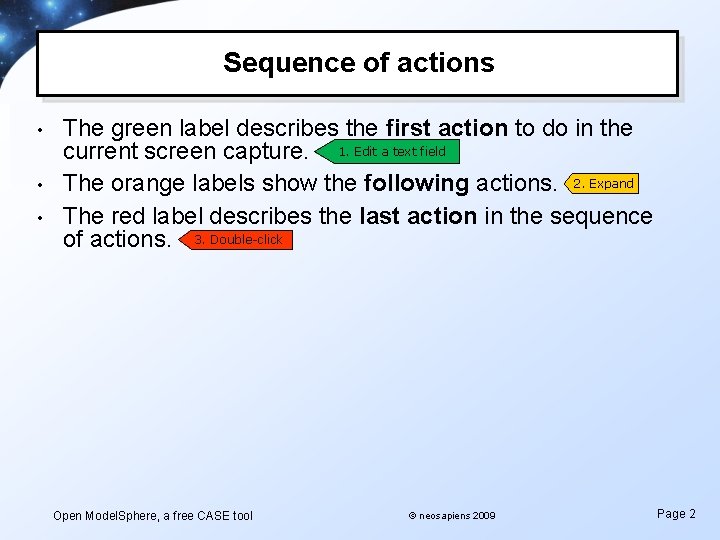 Sequence of actions • • • The green label describes the first action to