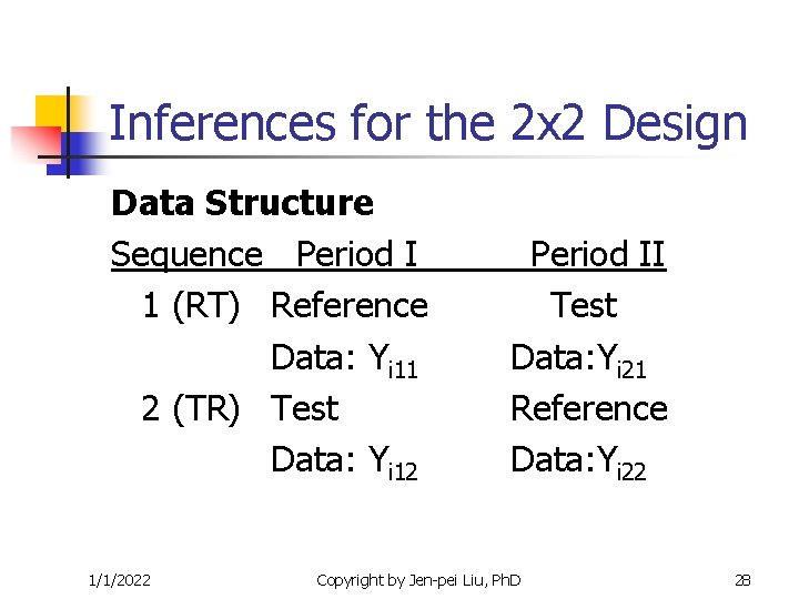 Inferences for the 2 x 2 Design Data Structure Sequence Period I 1 (RT) Inferences for the 2 x 2 Design Data Structure Sequence Period I 1 (RT)