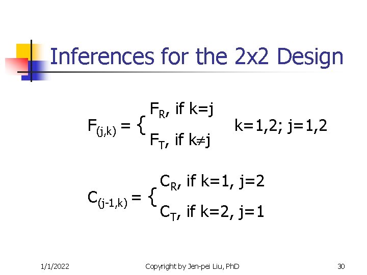 Inferences for the 2 x 2 Design F(j, k) = { C(j-1, k) = Inferences for the 2 x 2 Design F(j, k) = { C(j-1, k) =