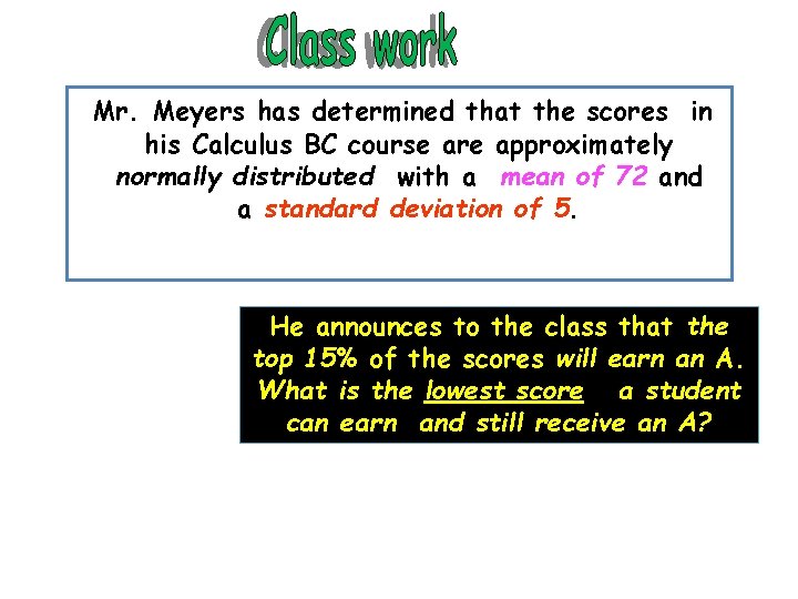 Mr. Meyers has determined that the scores in his Calculus BC course are approximately Mr. Meyers has determined that the scores in his Calculus BC course are approximately